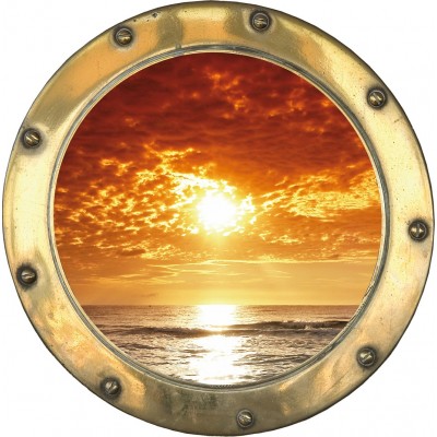 Sticker  trompe l'oeil hublot coucher de soleil.