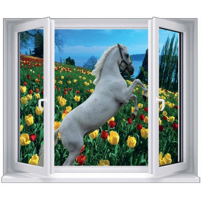 Sticker trompe l'oeil Fenêtre cheval blanc cambrer champ tulipes
