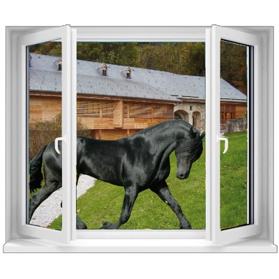 Sticker trompe l'oeil Fenêtre cheval noir écuries