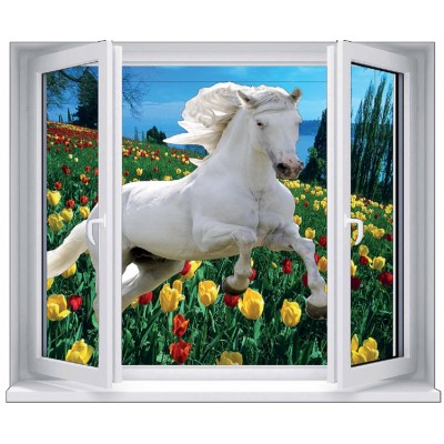 Sticker trompe l'oeil Fenêtre cheval blanc champ tulipe