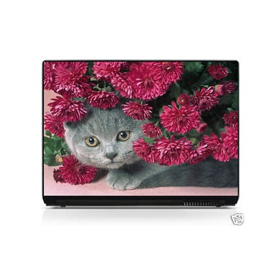 Sticker pc portable laptop skin Chaton fleur rose