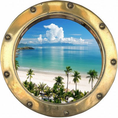 Sticker trompe l'oeil hublot déco plage caraibes