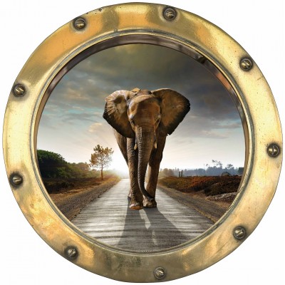 Sticker trompe l'oeil hublot déco Eléphant