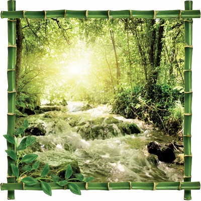 Sticker trompe l'oeil cadre bambou et rivière 100x100 cm