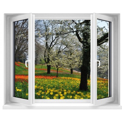 Sticker trompe l'oeil fenêtre champ de tulipes