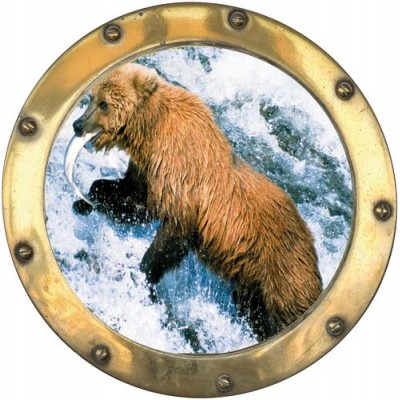 Sticker trompe l'oeil hublot déco ours pêche