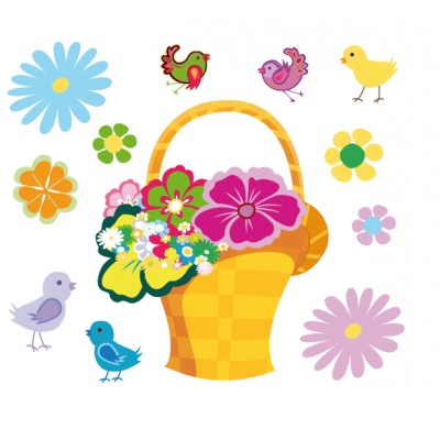 Sticker Panier de fleurs et ses oiseaux