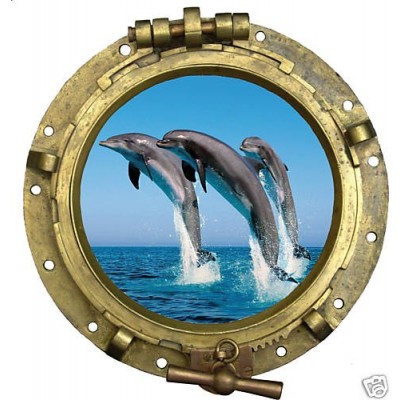 Sticker trompe l'oeil hublot déco dauphins.