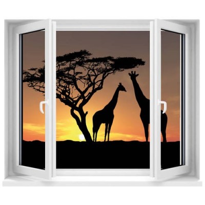 Sticker trompe l'oeil fenêtre déco girafes 
