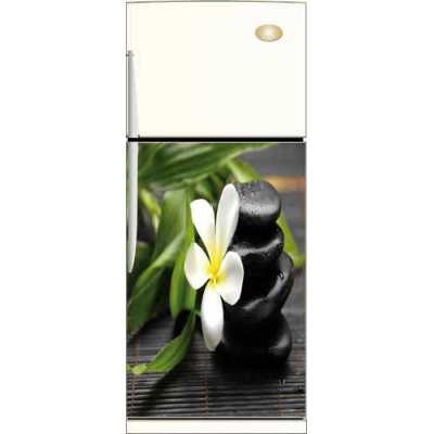 Sticker Frigidaire décoration galets noir et fleur blanche