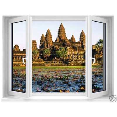 Sticker trompe l'oeil fenêtre déco Temple d'Angkor.
